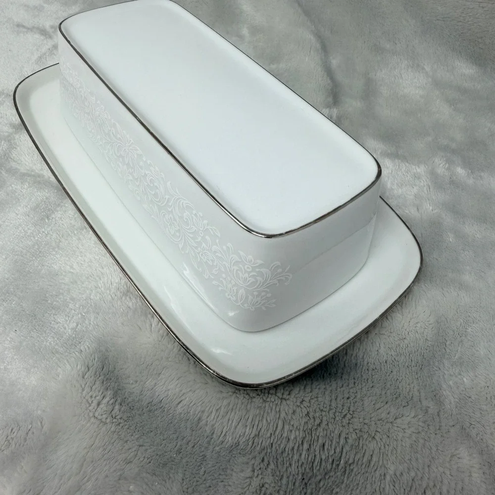 Crown Victoria‎ Empress Fine China Butter Dish with Lid White Floral Silver Trim